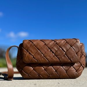 Genuine Soft Brown Leather Purse Braided BasketWeave Boho Shoulder Crossbody Bag